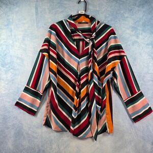 Violeta by Mango Striped Tie Neck Blouse Multi Color Long Sleeve V-Neck Top M